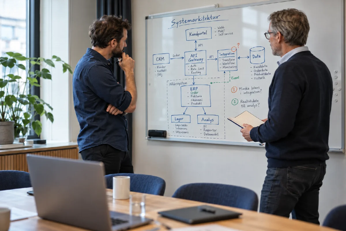 Illustrativ bild av två kollegor som granskar systemarkitektur på en whiteboard.