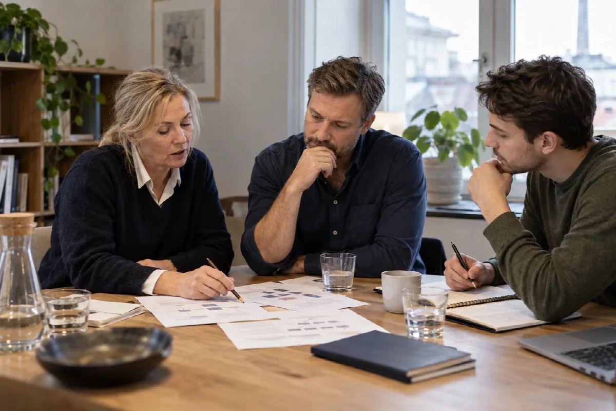 Illustrativ bild av tre kollegor som jämför processalternativ vid ett mötesbord.